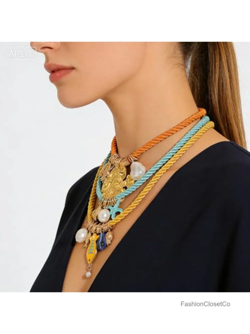 Boho Layered Pendant Rope Necklace for Women, Summer Beach 3 Tier